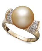 14k Gold Ring, Cultured Golden South Sea Pearl (10mm) And Diamond (1/8 Ct. T.w.) Ring