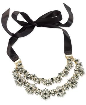 Inc International Concepts Hematite-tone Crystal Cluster Black Ribbon Choker Necklace, Created For Macy's