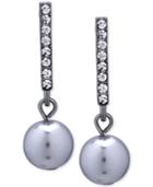T Tahari Hematite-tone Crystal Bar And Grey Faux Pearl Drop Earrings