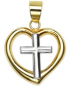 Polished Two-tone Heart Cross Pendant In 14k Yellow And White Gold