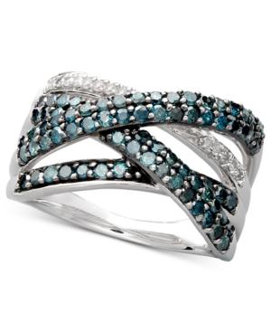 Sterling Silver Ring, Blue Diamond (1 Ct. T.w.) And White Diamond Accent Crossover Ring