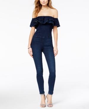 Guess Denim Ruffle Off-the-shoulder Jumpsuit
