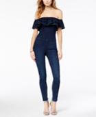Guess Denim Ruffle Off-the-shoulder Jumpsuit