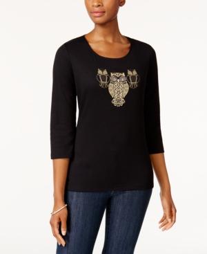 Karen Scott Cotton Embellished Owls Top, Created For Macy's