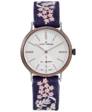 Lucky Brand Women's Ventana Floral Embroidered Black Leather Strap Watch 34mm