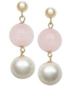 Cultured Freshwater Pearl (7-1/2mm) And Rose Quartz (8mm) Drop Earrings In 14k Gold