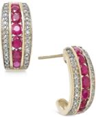 Ruby (1-1/5 Ct. T.w.) And Diamond (1/10 Ct. T.w.) Hoop Earrings In 14k Gold-plated Sterling Silver