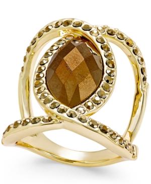 Ing International Concepts Gold-tone Brown Stone And Pave Crystal Statement Ring