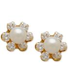 Children's Cultured Freshwater Pearl (3-3/4mm) And Cubic Zirconia Stud Earrings In 14k Gold