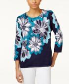 Alfred Dunner Petite Embellished Cotton Floral-print Sweater