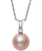 Belle De Mer Pink Cultured Freshwater Pearl (7mm) & Diamond Accent 18 Pendant Necklace In 14k White Gold