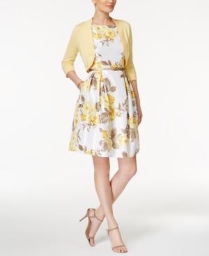 Jessica Howard Petite Floral-print Fit & Flare Dress And Sweater Shrug