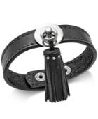 Silver-tone Black Leather Tassel Snap Bracelet