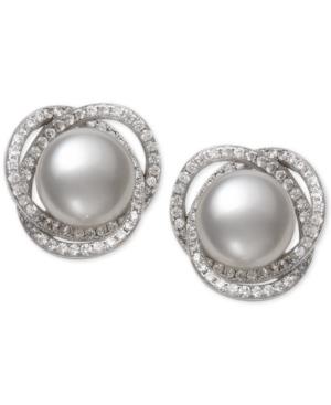 Cultured Freshwater Pearl (9mm) & Cubic Zirconia Spiral Stud Earrings In Sterling Silver