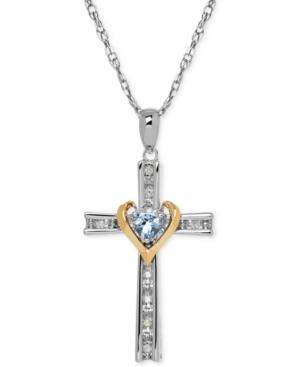 Aquamarine (1/4 Ct. T.w.) And Diamond Accent Cross Pendant Necklace In Sterling Silver And 14k Gold
