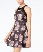 Crystal Doll Juniors' Printed Crochet-trim Fit & Flare Dress