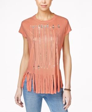 Belle Du Jour Juniors' Faux-suede Graphic Fringe Top