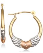 Tri-color Winged Heart Hoop Earrings In 10k Gold