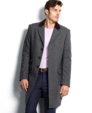 Vince Camuto Coat, Wool-blend Ultrasuede-collar Plaid Topcoat