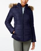 Rampage Faux-fur-trim Hooded Ruched Puffer Coat, Only At Macy's