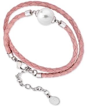 Majorica Silver-tone Imitation Pearl Braided Leather Double-wrap Bracelet