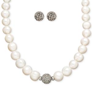 Honora Style Cultured Freshwater Pearl (7mm) And Grey Crystal Stud Jewelry Set In Sterling Silver