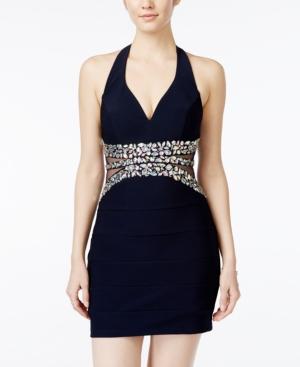 Crystal Doll Juniors' Jeweled Illusion Bodycon Halter Dress