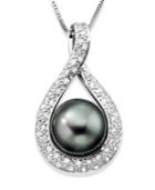 Cultured Tahitian Pearl (9mm) And Diamond (1/4 Ct. T.w) Pendant Necklace In 14k White Gold