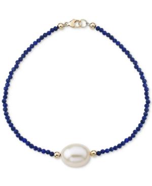 Cultured Freshwater Pearl (10mm) & Lapis Lazuli (2mm) Bracelet In 14k Gold