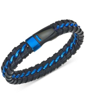 Esquire Men's Jewelry Woven Leather Bracelet In Black & Blue Ion-plated Stainless Steel, Created For Macy's