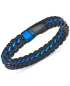 Esquire Men's Jewelry Woven Leather Bracelet In Black & Blue Ion-plated Stainless Steel, Created For Macy's