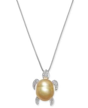 Baroque Cultured Golden South Sea Pearl (10mm) & Diamond Accent Turtle 18 Pendant Necklace In Sterling Silver