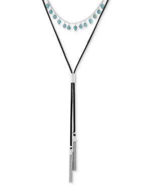 Lucky Brand Silver-tone Colored Stone & Leather Reversible Layered Lariat Necklace, 17 + 2extender