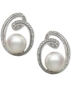 Cultured Freshwater Pearl (8mm) And Diamond Accent Earrings In Sterling Silver