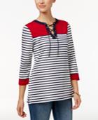 Charter Club Lace-up Striped Henley Top, Only At Macy's
