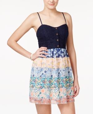 Trixxi Juniors' Lace-bodice Printed Dress