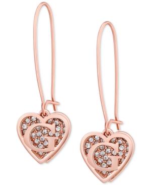Guess Rose Gold-tone Pave Heart Logo Drop Earrings