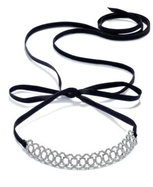 Inc International Concepts Silver-tone Crystal Pave Scalloped Black Ribbon Choker Necklace, Created For Macy's