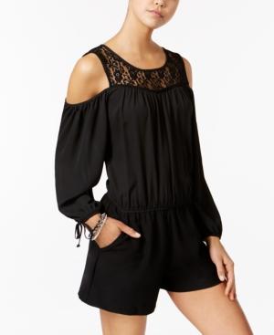 Bcx Juniors' Lace-yoke Cold-shoulder Romper