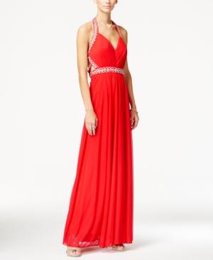 Sequin Hearts Juniors' Jeweled Ruched Halter Gown