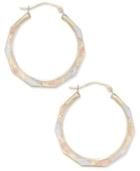 Tri-color Decorative Hoop Earrings In 10k White, Yellow, And Rose Gold