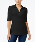 Karen Scott Elbow-sleeve Lace-up Top, Only At Macy's