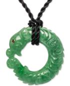 Carved Jade (12 X 25 X 45mm) And Garnet Accent Satin Cord Pendant Necklace In 14k Gold