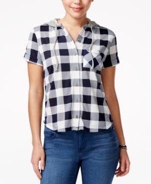 Polly & Esther Juniors' Hooded Short-sleeve Plaid Shirt