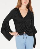 Ultra Flirt By Ikeddi Juniors' Ruched-front Ruffle-sleeved Satin Top