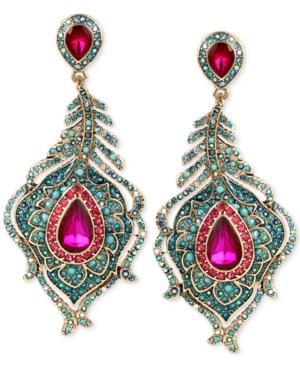 Betsey Johnson Gold-tone Peacock Feather Crystal And Pave Chandelier Earrings