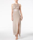 R & M Richards Metallic Knit Keyhole Halter Gown