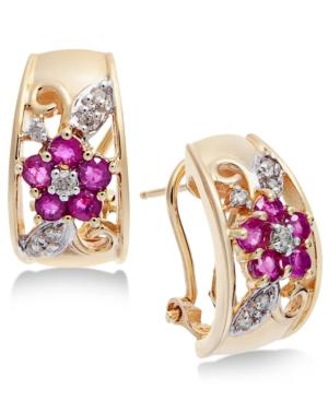 Ruby (1 Ct. T.w.) & Diamond (1/6 Ct. T.w.) Floral Hoop Earrings In 14k Gold
