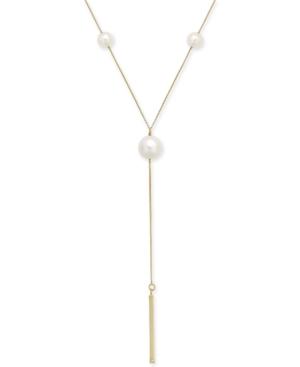 Cultured Freshwater Pearl (6 & 9mm) And Cubic Zirconia Polished Bar Lariat Necklace In 14k Gold