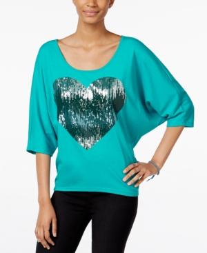 Miss Chievous Juniors' Sequined Heart Dolman-sleeve T-shirt